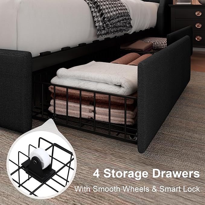 Feonase Upholstered Queen Size Bed Frame with 4 Storage Drawers, Storage Bed with Charging Station, Large Wingback Headboard, No Box Spring Needed, Black