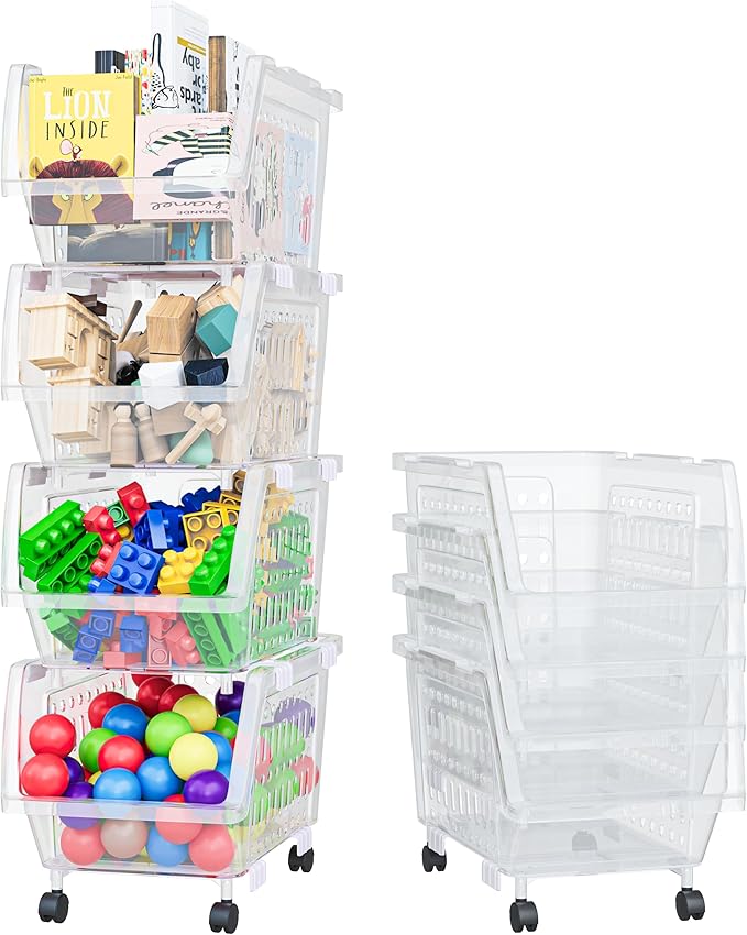 TidyFriend Stackable Storage Bins with Wheels for Closet Organizers and Storage 4 Pack, Closet Organization for Kids Room and Home Organization (Clear)