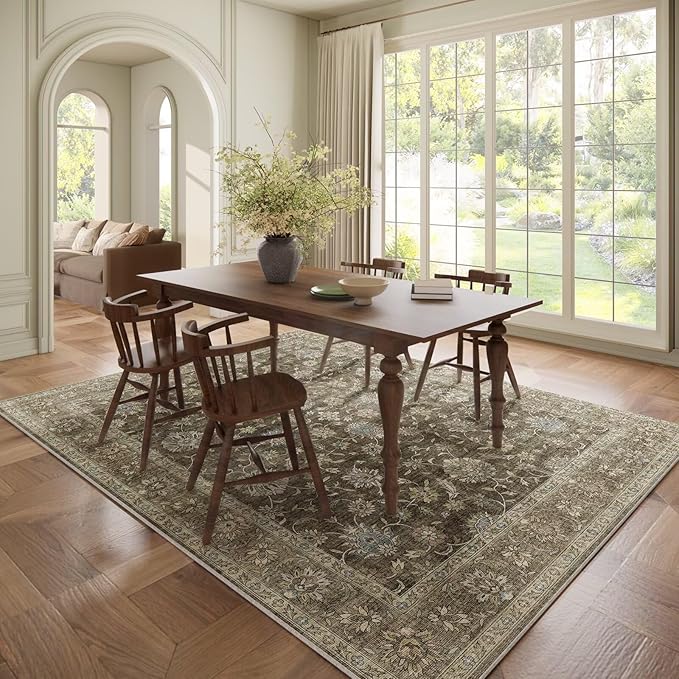 Washable 6x9 Area Rugs for Living Room, Boho Non-Slip Vintage Distress Large Rugs for Bedroom Dining Room Nursery Office, 0.3" Neutral Oriental Throw Thin Carpet, Tan/Flaxen/Multi