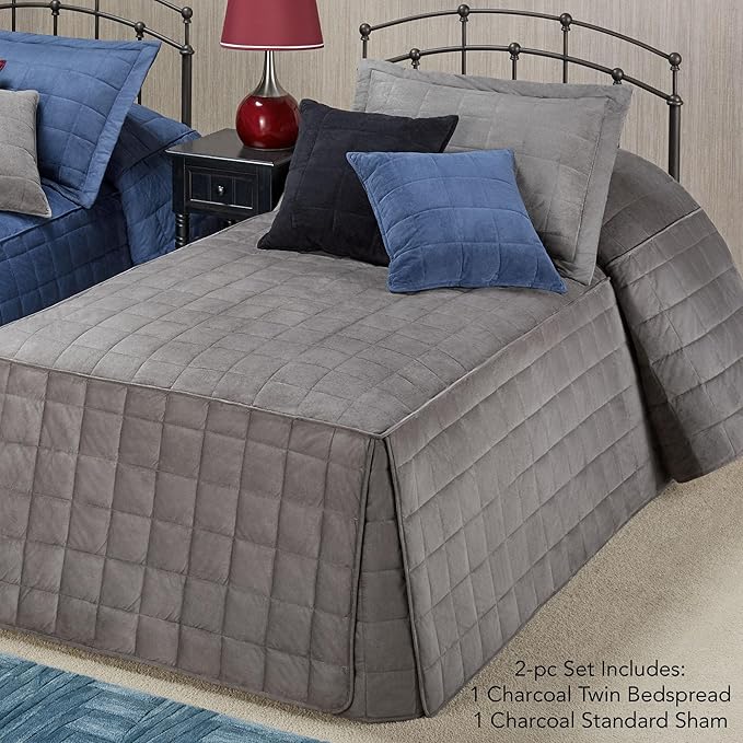 Touch of Class Camden Luxury Bedding | Neutral Charcoal Gray Color | Classic Fitted Bedspread | Faux Suede Box Quilted Design | Designed 2 Piece Set Includes Twin Bedspread and 1 Standard Sham