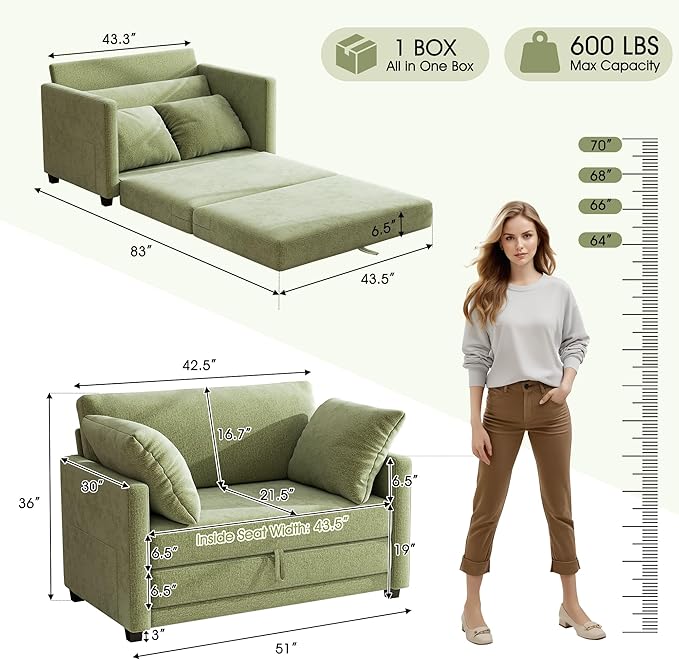51" Loveseat Sleeper Sofa Bed, Chenille Convertible Floor Sofa Bed for Small Spaces, Folding Couch Bed with Deep Seat, 2 Pillows & Solid Frame, Pull Out Floor Couch for Living Room, Green