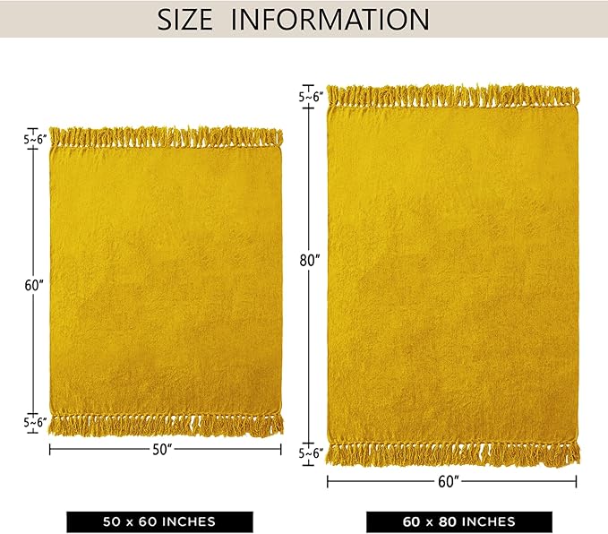 Chenille Throw Blanket for Couch 60"X 80" Twin, Soft Cozy Throws with Fringe Tassel for Bed Sofa Chair Cover, Lightweight Knitted Decorative Boho Blankets for Living Room, Yellow
