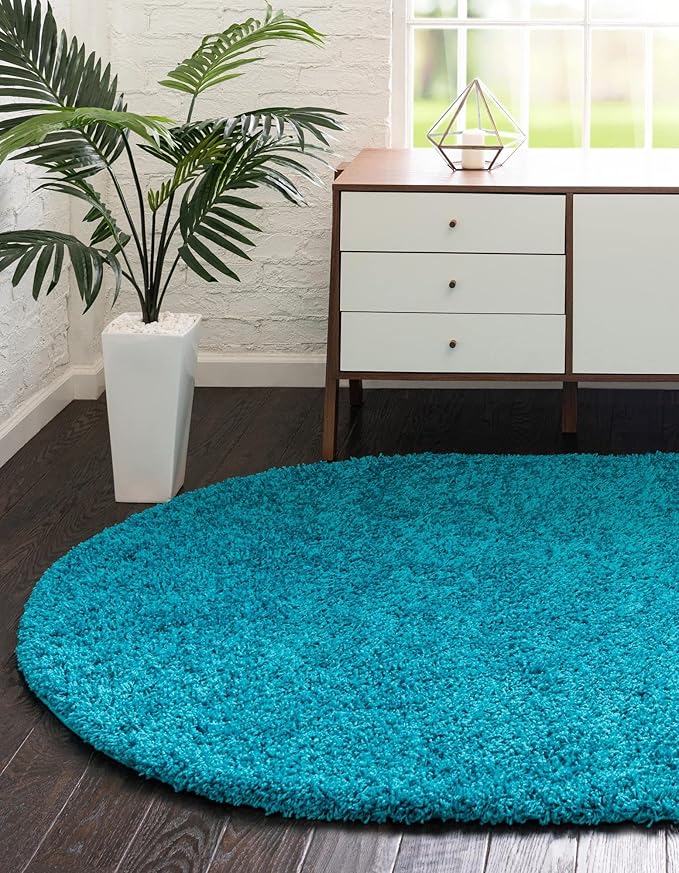 Unique Loom Solid Shag Collection Area Rug (8' x 10' Oval, Turquoise)