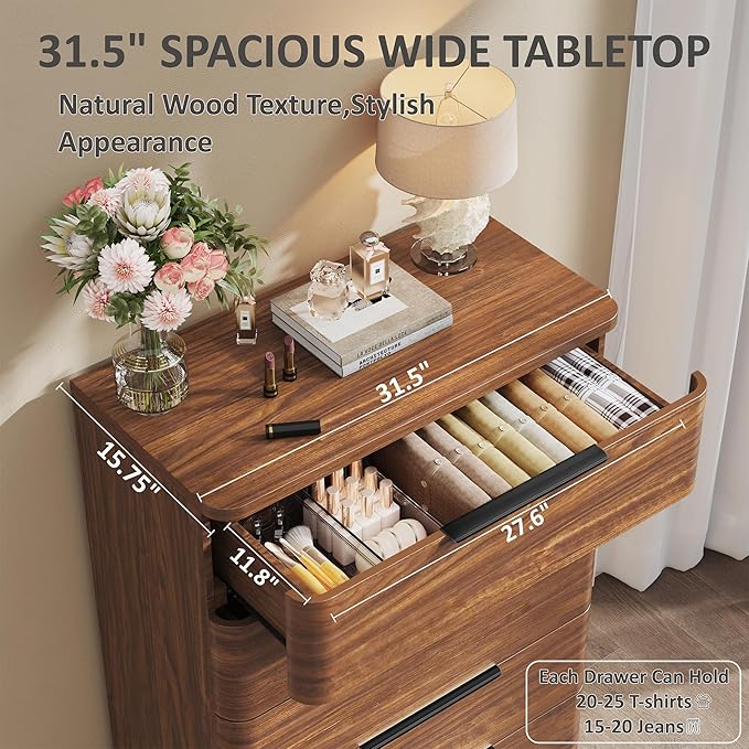 5 Drawer Dresser for Bedroom, 45" Tall Modern Chest of Drawers with Metal Handle, Curved Profile Design, Wooden Closet with Large Drawers Dressers Organizer for Entryway Hallway