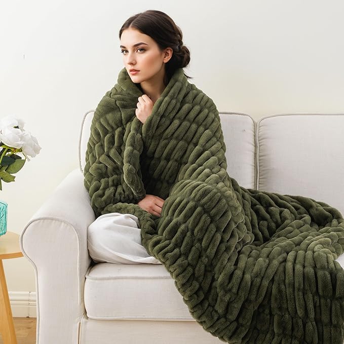 BATTILO HOME Olive Green Faux Fur Throw Blanket for Bed, Double Side Reversible Ruched Faux Rabbit Fur Throw for Couch, Bed, Super Soft Blanket Cozy Warm Mink Blanket, 50"x60"