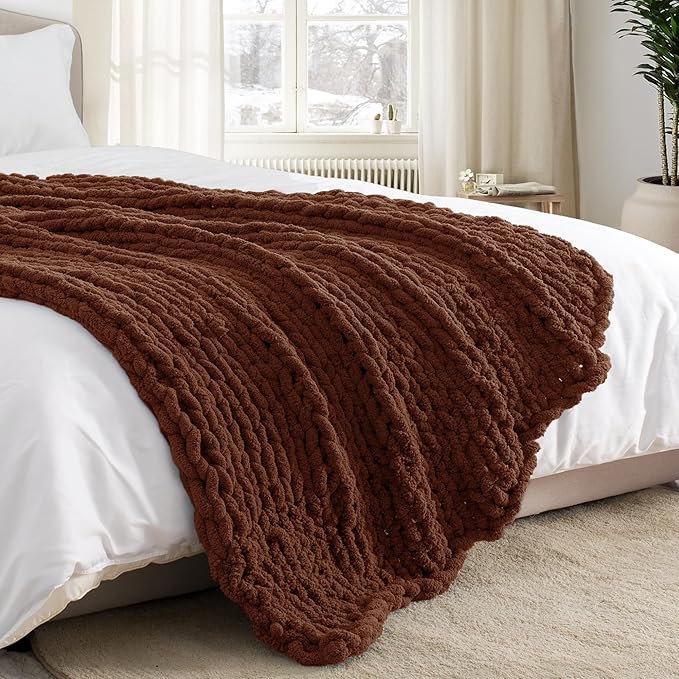 Chunky Knit Throw Blanket 50"X 60", 100% Handmade with Soft Chenille Yarn, 4.4lbs Thick Cable Knitted Blankets, Large Rope Knot Crochet Throws for Couch Sofa Bed Home Decor, Dark Brown