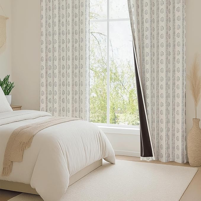 100% Boho Blackout Curtains 96 Inches Long for Bedroom, Black on Beige Patterned Bohemian Curtains for Living Room, Geometric Striped Thermal Insulated Window Drapes Gromment Top 2 Panels