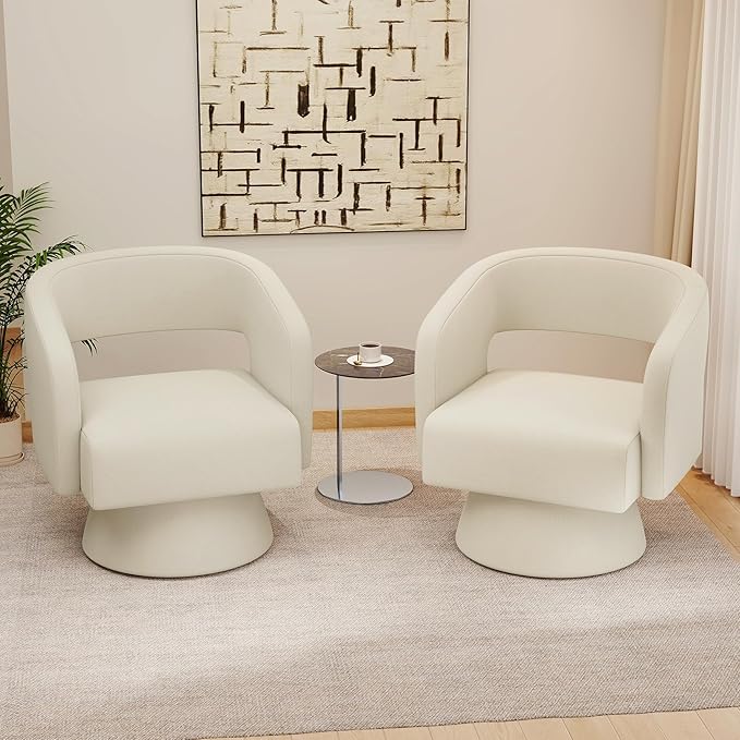 Swivel Accent Chair Set of 2, Modern Comfy Chenille Barrel Chairs, Oversized Upholstered Round Arm Chair for Living Room, Bedroom, Reading Room, Beige