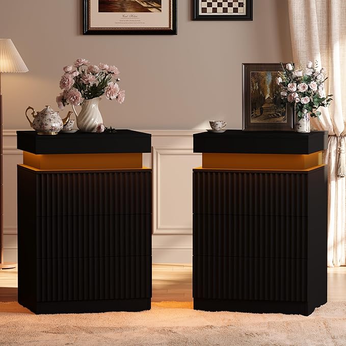 Black Nightstand with 3 Drawers and LED Light, Mid Century Modern Fluted Night Stand with Charging Station, Bedside Table & End Table for Bedroom