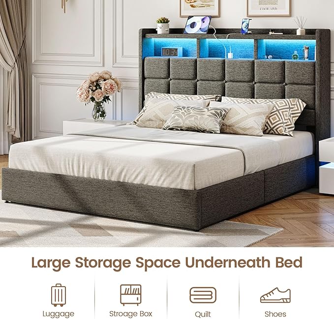 Lift Up Queen Bed Frame with Storage, Upholstered Bed Frame Queen Size with LED Lights Headboard and Charging Station, No Box Spring Needed, Easy Assembly - Dark Grey