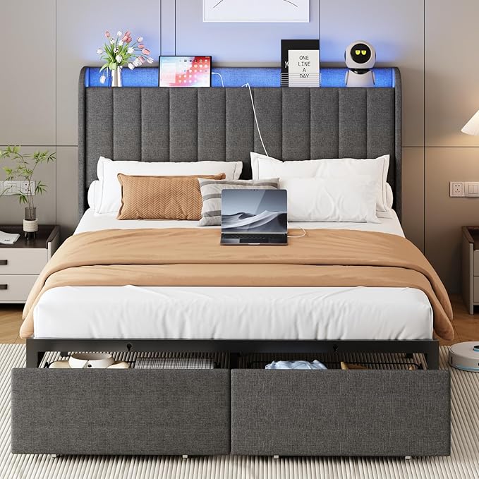 Queen Size Bed Frames with Storage Headboard and 2 Drawers, Upholstered Platform Bed Frame Queen with Led Lights and Handy Charging Station, No Box Spring Needed, Easy Assembly, Noise Free, Gray