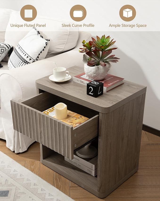 SICOTAS Night Stand Set of 2 Nightstands with Drawer Storage Fluted Bed Side Table End Table Large Modern Wide Bedside Stand Mid Century Night Stands for Bedroom Living Room Sofa Office, Grey Alder