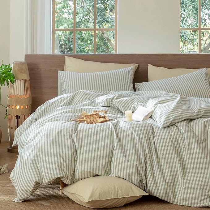 MooMee Striped Duvet Cover Set 100% Washed Cotton Linen Like Textured Breathable Durable Soft Comfy (Sage Green White Classic Stripes, Twin 68"x90")
