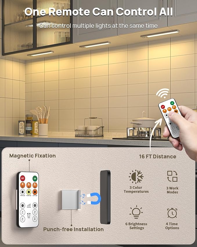 Under Cabinet Lighting with Remote Control,USB Rechargeable 180 Lumen Motion Sensor Light Indoor,Magnetic Wireless Under Counter Light,3 Color Dimmable Closet Lights for Kitchen, Pantry, Stair, 6 Pack