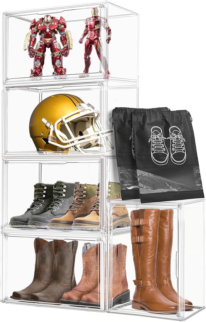 XXX-Large Acrylic Display Case, Clear Shoe Storage Boxes Stackable Shoe Organizer with 2 Shoe Bags Boots Shoe Rack for Closet Sneaker Handbag Collectibles Organizer with Magnetic Door, 1 Pack