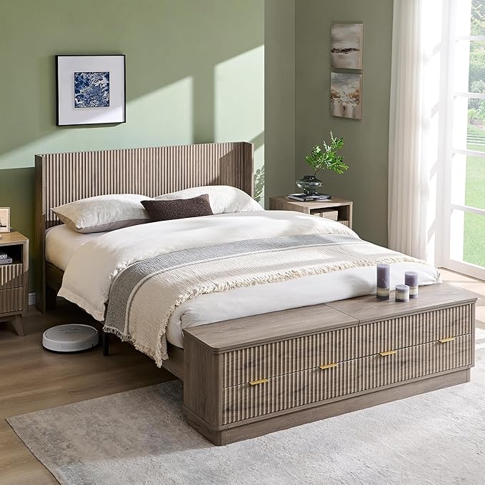 T4TREAM Fluted Queen Size Bed Frame with Wingback Headboard, Footboard Storage Bench with Built-in Drawers & Lift-Up Compartments, Wood & Steel Platform Bed, No Box Spring Needed, Grey Alder