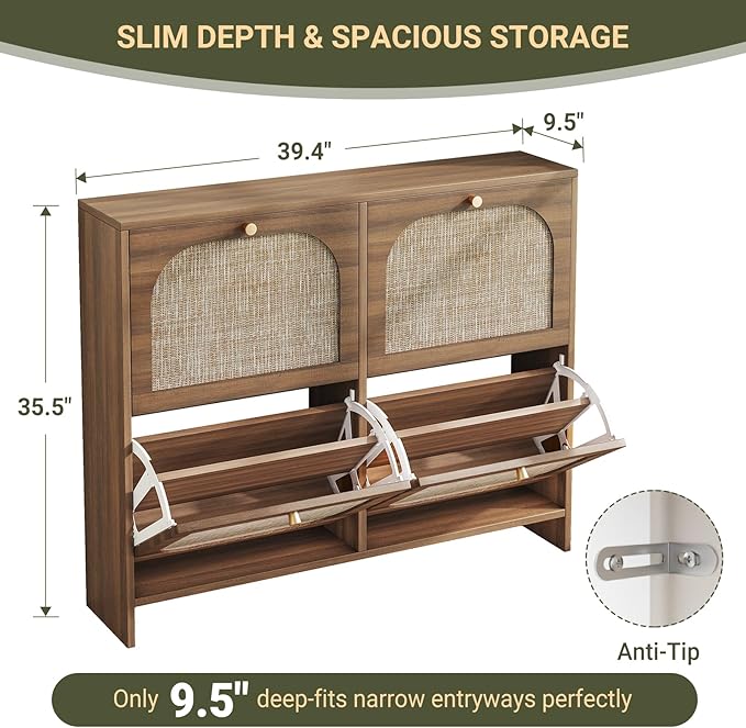 Nicetree Rattan Arched Accent Shoe Storage Cabinet - Freestanding Ultra Slim for Entryway, 4 Flip Drawers & 3-Tier Adjustable Shelves, Farmhouse Modern Rustic Shoe Rack for Hallway, Foyer, Living Room