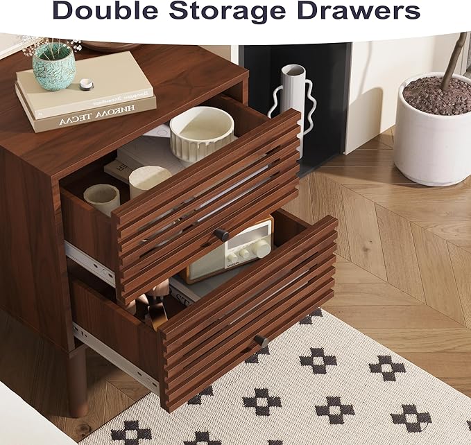 Nightstand, Side Table, End Table, Mid Century Modern Nightstand with Hollowed Drawers, Bedside Tables, Small Nightstands with Storage for Bedroom, Walnut