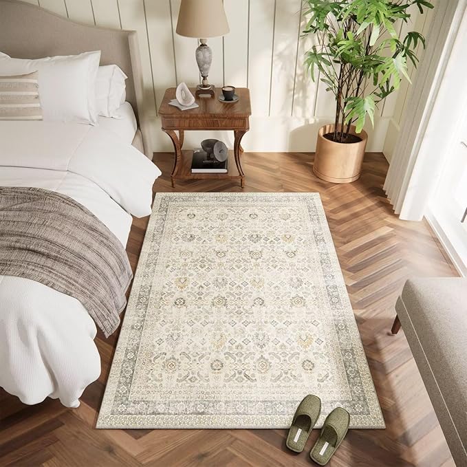 Washable 4x6 Rugs for Living Room, Boho Non-Slip Vintage Distress Small Rugs for Bedroom Nursery Office, 0.3" Neutral Oriental Throw Thin Carpet with Cushioning Pad, Grey/Beige/Orange/Multi