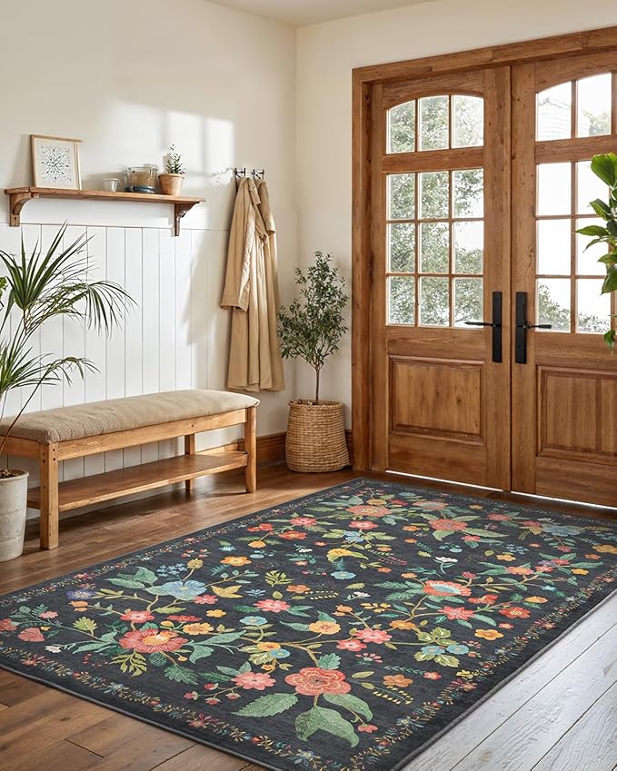 Amada 3x5 Washable Area Rugs, Non-Slip & Low-Profile Entryway Rug with Reinforced Edge Binding, Boho Floral Pattern, Soft Washable Rug for Bedroom, Entryway & Home Office