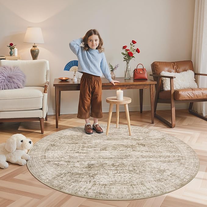 5x5 Brown Round Rug 5ft Living Room Circle Rug Vintage Round Area Rug Non Slip Indoor Carpet for Entryway Dining Room Bedroom