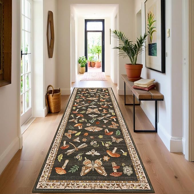 Mushroom Insect Washable Rug 2x6 Runners for Hallways, Boho Kitchen Runner Rugs Non Slip Bath Runner, Modern Bedroom, Soft Long Entryway Bathroom Laundry Dorm, Brown