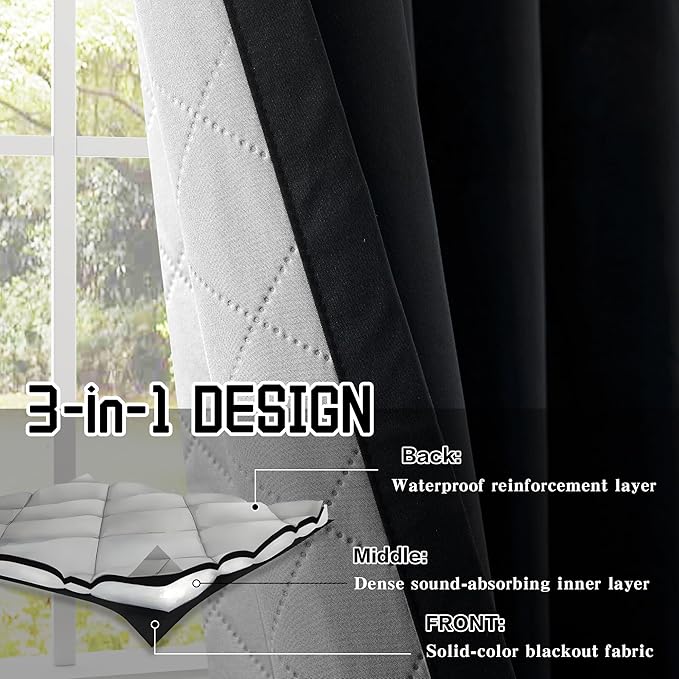 3-in-1 Blackout Curtains Soundproof Noise Reduction Curtains Black Thermal Insulated Drapes for Winter Room Divider Grommet Curtains for Living Room Bedroom (1 Panel, Black, 50" x 108")