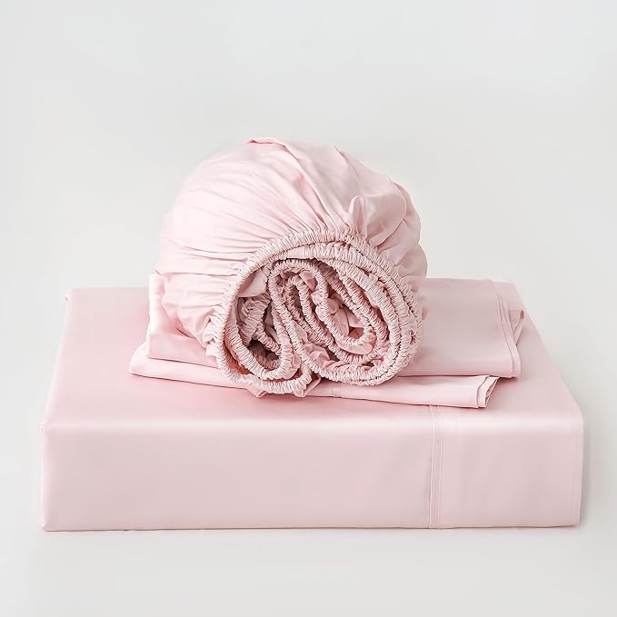 Linen World King Size 400TC Cooling Bed Sheet Set - 100% Organically Grown Viscose Sheets, Silky Soft & Breathable, Deep Pocket Fits Up to 16", 4-Piece Sheets with Pillowcases,Baby Pink