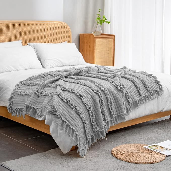 Ultra Soft Pre-Washed Quilted Boho Grey Twin Size Blankets for Bed, Ruffle Fringed Decorative Throw, Stone Washed Chic Rustic Blanket for Sofa Couch Bed, 60"*80"