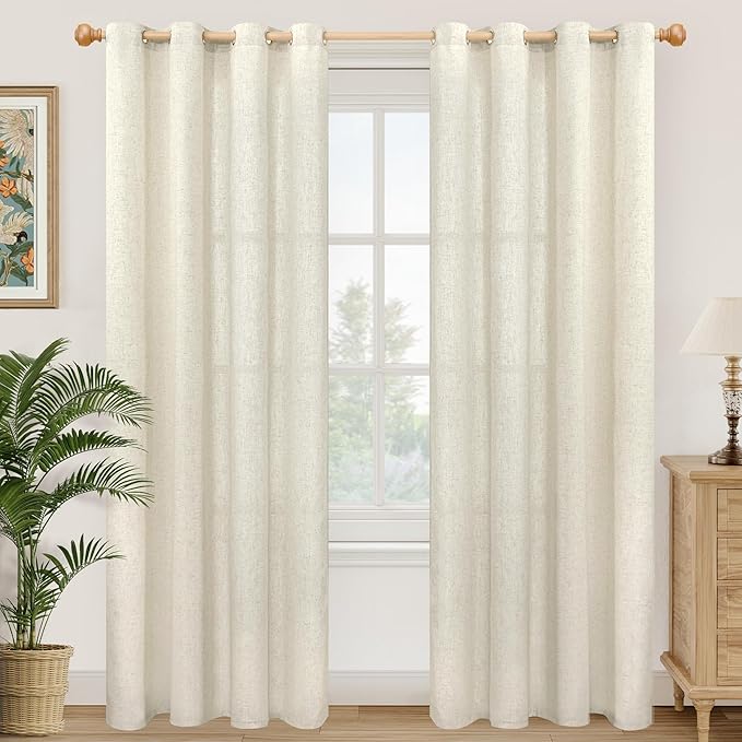 YoungsTex Beige Linen Curtains 80 Inches Length for Living Room, Natural Semi Sheer Drapes with Grommet Light Filtering Window Treaments for Bedroom Dining, 2 Panels, 52 X 80 Inch