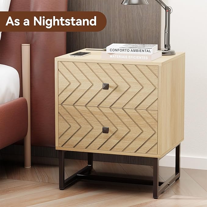 Modern Nightstand with Two Storable Drawers,Sturdy Bedside Table Space-Saving Night Stand with Black Metal Legs for Bedroom,Oak