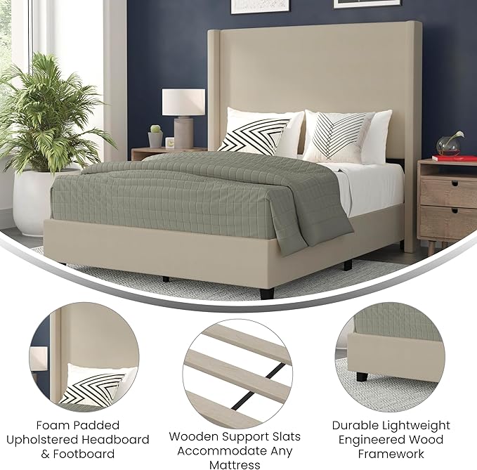 EMMA + OLIVER Nora Queen Size Faux Linen Upholstered Platform Bed with Plush Padded Wingback Headboard (No Box Spring Needed), Modern Upholstered Headboard Queen Bed Frame, Beige