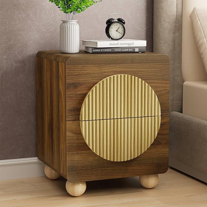 23" Fluted Nightstand with Solid Wood Legs, Modern Style Walnut Bedside Table with Round Moon Handle & Storage, Mid Century Cute Night Stand for Bedroom, Side Table, End Table