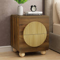 23" Fluted Nightstand with Solid Wood Legs, Modern Style Walnut Bedside Table with Round Moon Handle & Storage, Mid Century Cute Night Stand for Bedroom, Side Table, End Table