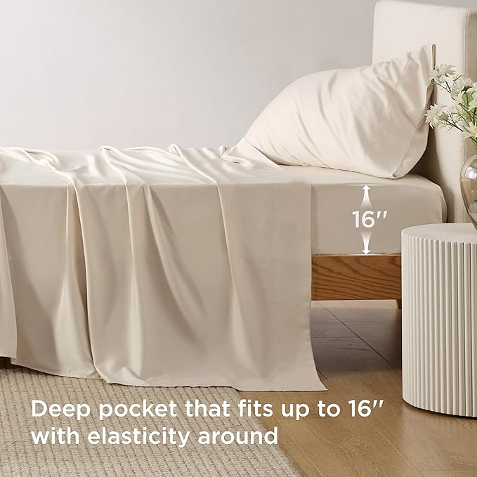 Bedsure Cooling Sheets Twin XL, Rayon Derived from Bamboo, Breathable & Soft Twin XL Sheet Sets, Deep Pocket Up to 16 Inches, Hotel Luxury Silky Dorm Bedding for Hot Sleepers, Light Beige