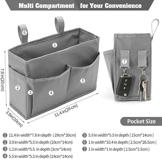 Bseash Bunk Bed Organizer, Bedside Caddy Hanging Bed Organizer Storage Bag with 4 Pockets and 2 Hooks, for College Dorm Rooms Bed, Hospital Bed, Baby Bed Rails, 600D Oxford Cloth (Gray)