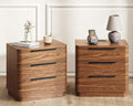 Nightstands Set of 2, Bedside Table with 3 Storage Drawers, 24" Tall Wood Night Stand with Charging Station, Modern Wide End Table Side Table W/Metal Handle Curved Profile for Bedroom
