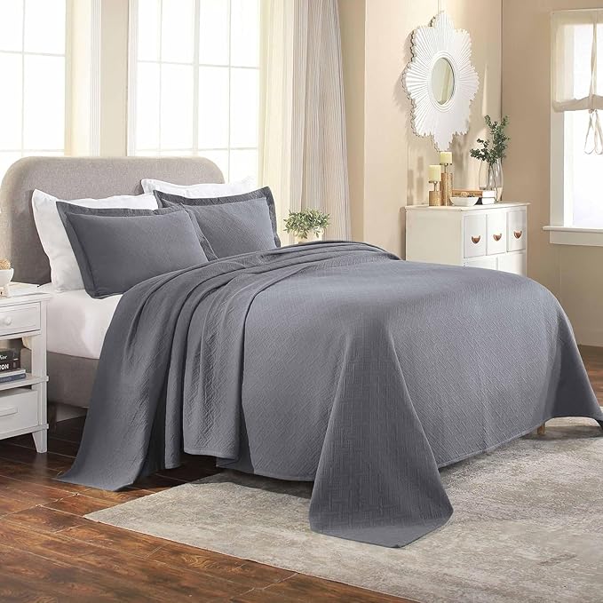 Superior 100% Cotton Basket Weave Bedspread with Shams, All-Season Premium Cotton Matelasse Jacquard Bedding, Quilted-Look Geometric Basket, Queen, Grey