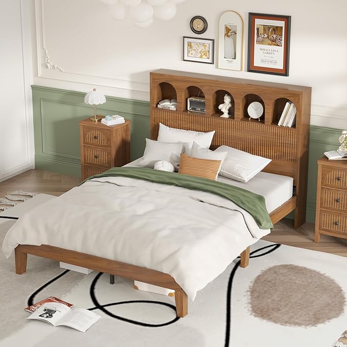Queen Bed Frame with Storage Headboard 5 Arched Storage Compartments, 12.4 Inch Farmhouse Wooden Queen Bed Frame, No Box Spring Needed, No Noise (Walnut)