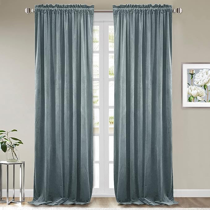 StangH Stone Blue Velvet Curtains 108 inches Length Super Soft Kids Bedroom Window Curtains Skin Friendly Light Dimming Drapes for Room Divider/Dining Room, W52 x L108, 2 Panels