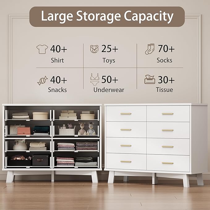 Dresser for Bedroom, 8 Drawer Wide Modern Chest of Drawers with X-Shaped Sturdy Base, Wood Double Dresser Closet Clothes Storage Organizer, Wooden TV Stand for Living Room, Hallway, White