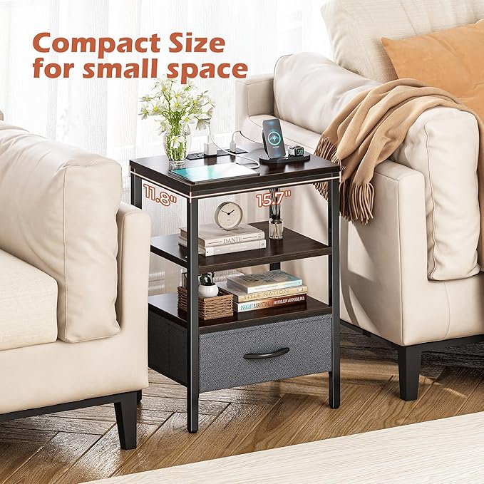 SUPERJARE Nightstand Set of 2, Bed Side Tables with Charging Station, Adjustable Fabric Drawer, Night Stand for Bedroom, 3-Tier Storage End Tables, Walnut, 8694NC