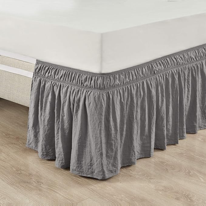 Lush Decor Ruched Ruffle Elastic Easy Wrap Around Bed Skirt Single Queen/King/Cal King Dark Gray - Queen Bed Skirt - Dust Ruffle - Gray Bedskirts