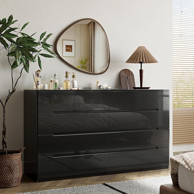 10 Drawer Black Dresser for Bedroom, 55" Long Dresser Chest of Drawers,Large High Gloss Modern Storage Cabinet with Big Drawers Handle Free,Living Room, Entryway, Hallway