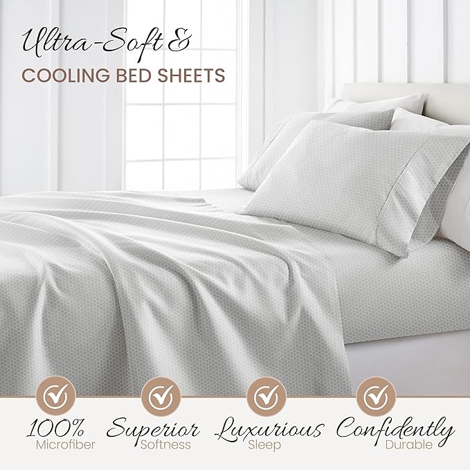 Linen Market Double-Brushed Patterned Microfiber Full Sheet Set 4 Piece – Oeko-TEX Certified Ultra Soft & Wrinkle-Free - 16" Deep Pocket Sheets - Easy Care Full Size - Honeycomb Light Gray