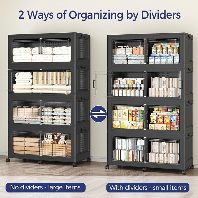 250GAL Storage Bins with Lid and Wheels, Stackable Closet Organizers and Storage Drawer, Collapsible Storage Box with Dividers, Foldable Plastic Cabinets for Room, Kitchen, 5 Pack Black