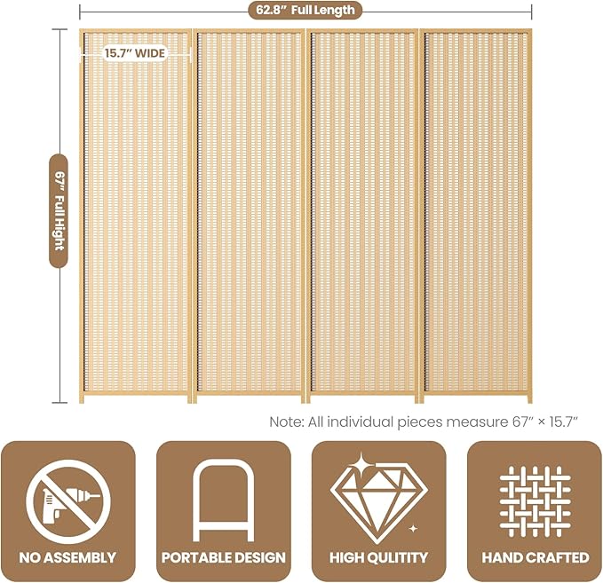 4 Panel Room Divider and Extra Wide Folding Privacy Screen, 63" W x 67" H, Bamboo Room Divider for Room Separation