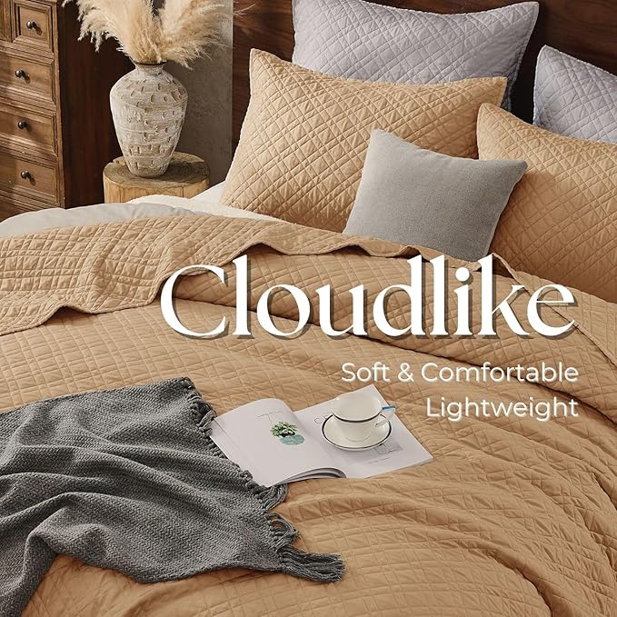 King Quilt Set with Shams Lightweight Quilted Bedspread Coverlet Thin Comforter Bed Cover Vintage Washed Quilted Blanket for All Season, Brushed Microfiber Diamond Stitching, Brown, 104"x92"