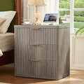 LEYAOYAO 23" Wide Fluted Night Stand with Charging Station,3 Drawers Large End Table with Storage,Grey Nightstand Wood Bedside Tables, Farmhouse Cabinet Dresser for Bedroom,Closet