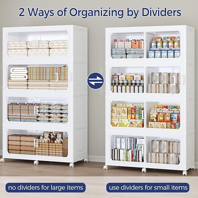200GAL Storage Bins with Lid and Wheels, Stackable Closet Organizers and Storage Drawer, Collapsible Storage Box with Dividers, Foldable Plastic Cabinets for Room, Kitchen, 5 Pack White